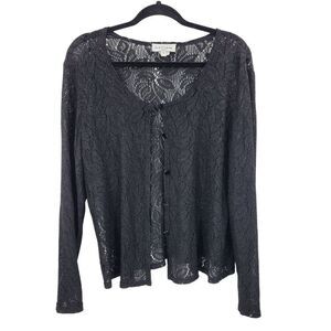 Vtg Black Lace Cardigan Sweater Button Front Sz 16 Formal Metallic Fleck Womens‎
